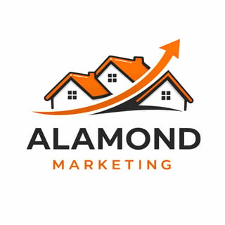 Almond Marketing logo featuring stylized houses with upward arrow symbolizing growth in real estate